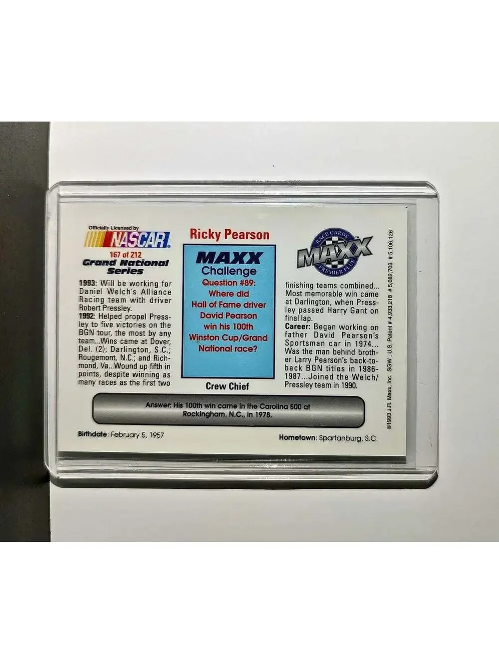 Ricky Pearson 1993 Maxx Premier Plus Racing #167 NASCAR Card Alliance Racing